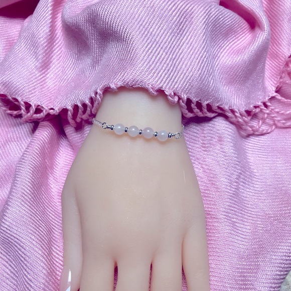 Rose Quartz Sterling Silver Bracelet- Beaded Bar Bracelet - Picture 3 of 7